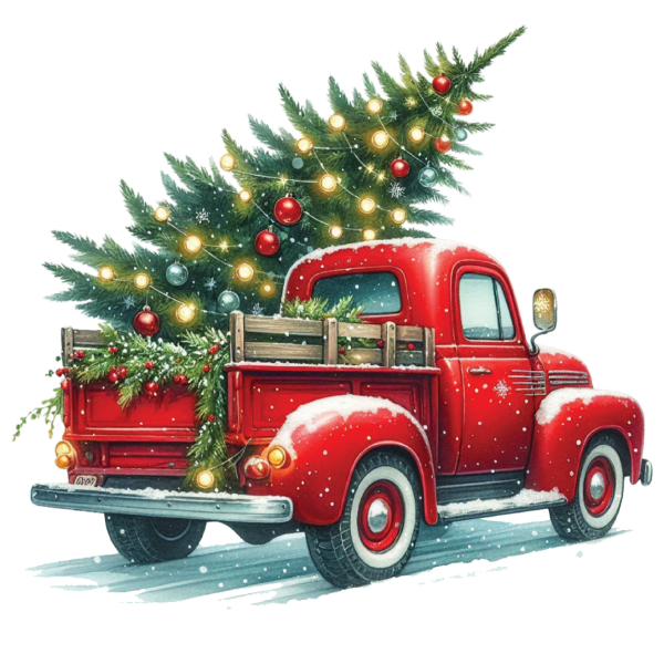 Cut Your Own Christmas Tree at M&D Trees Illustration of a vintage truck with Christmas tree in the back